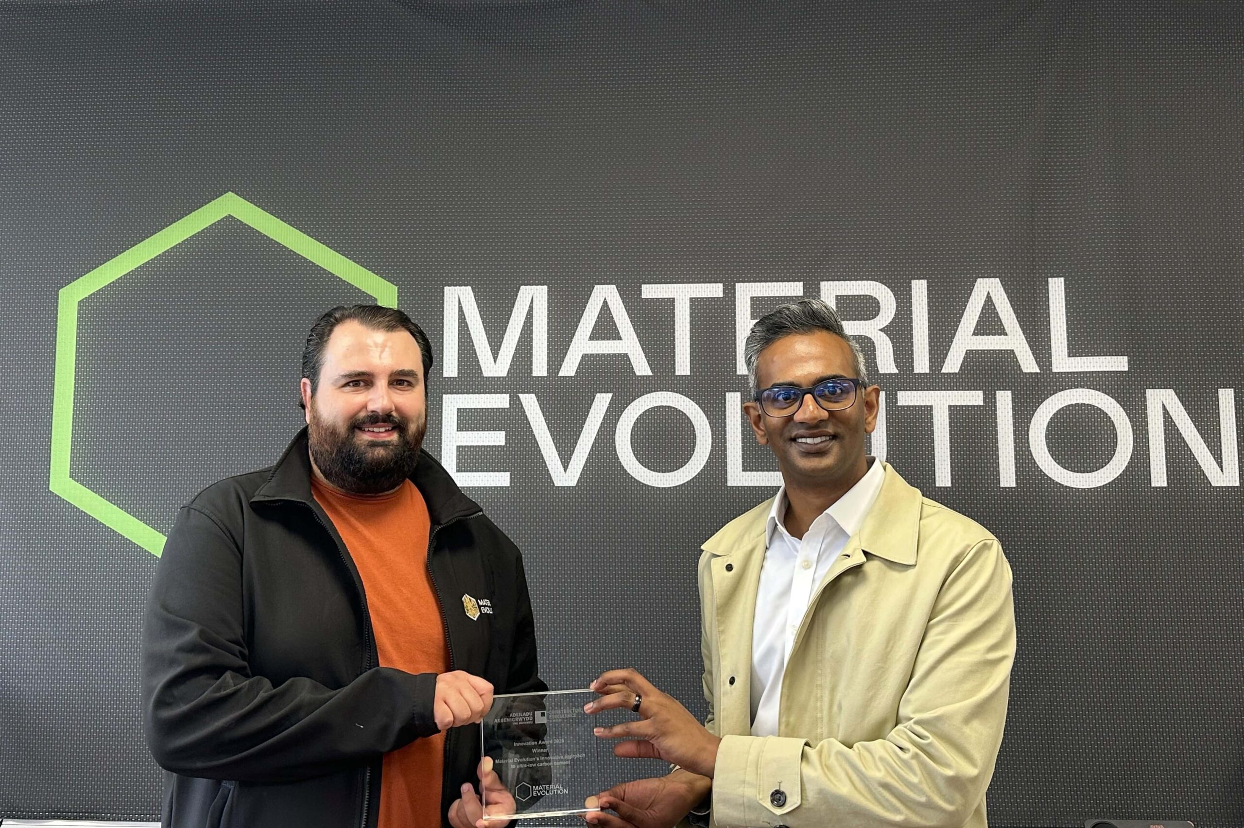 L-R Sam Clark, COO and co-founder, and Wesley Gounder, director of process engineering, at Material Evolution, receiving the Constructing Excellence Wales Innovation Award