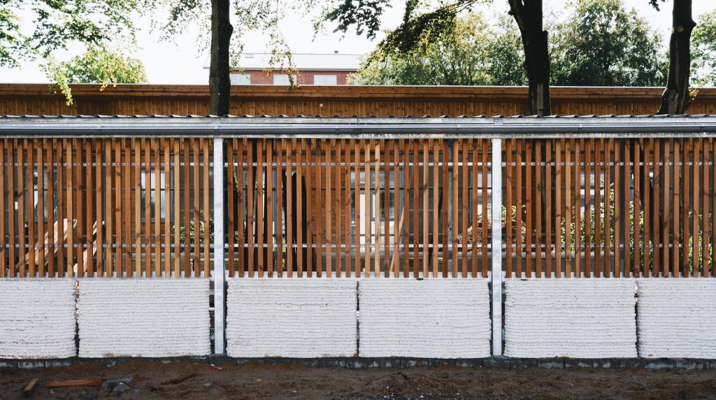 Bike shed using 3D printed concrete with MevoCem, located at Danish student accommodation